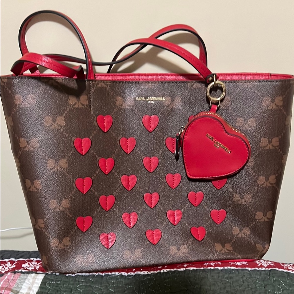 Karl Lagerfeld Brown and Red Heart Tote